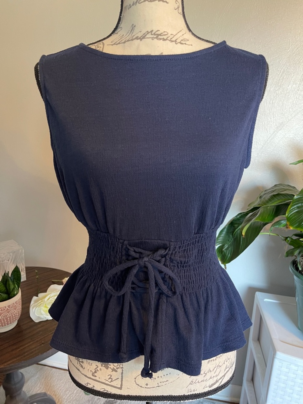 Always Indigo Navy Smocked Peplum Tank Top Medium Boho Cottagecore